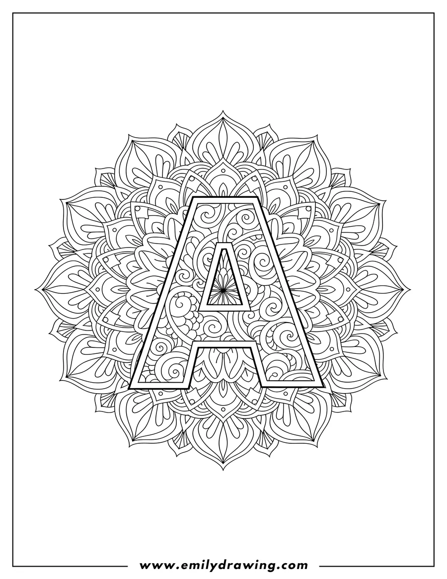 Free to print drawing of big patterned letter A with a flower mandala background