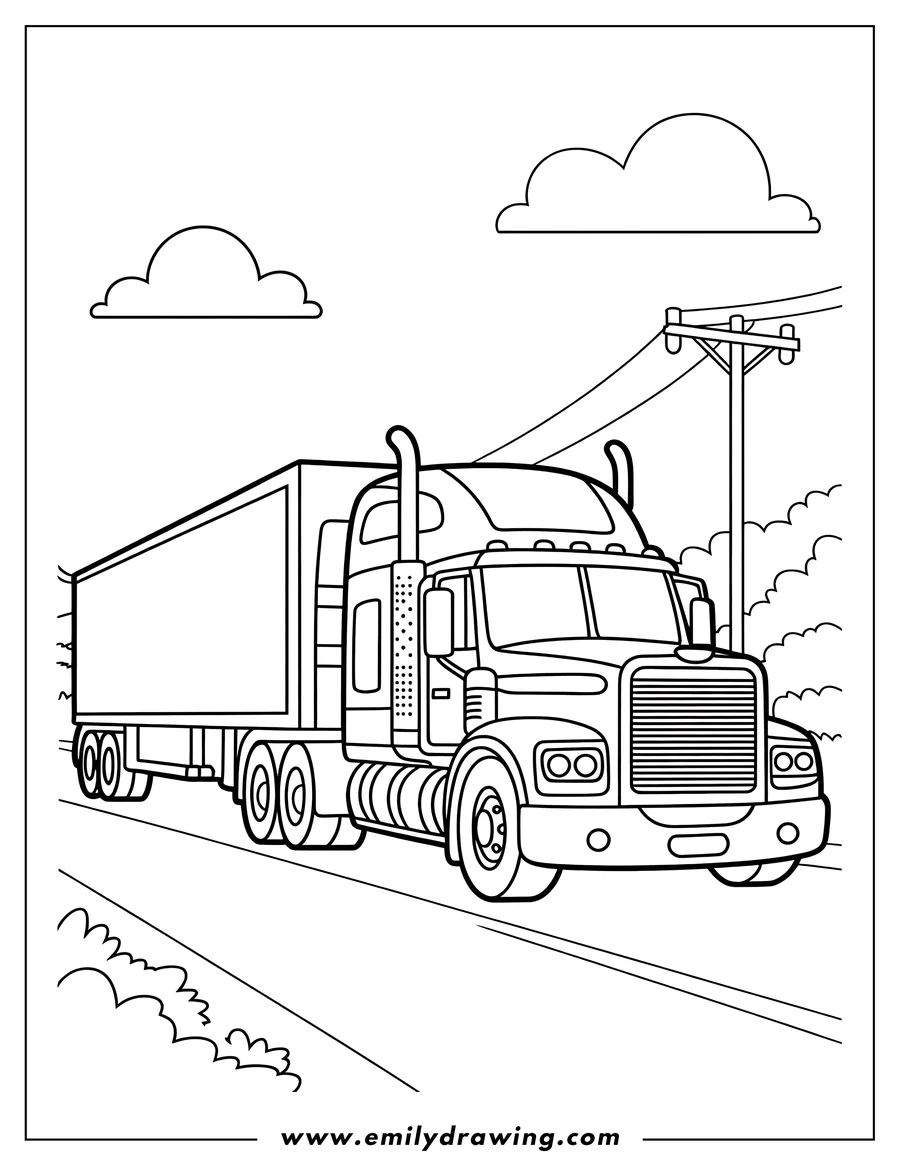 Outline of a big rig truck with a long trailer driving on a road, with clouds, a telephone pole, and bushes in the background.