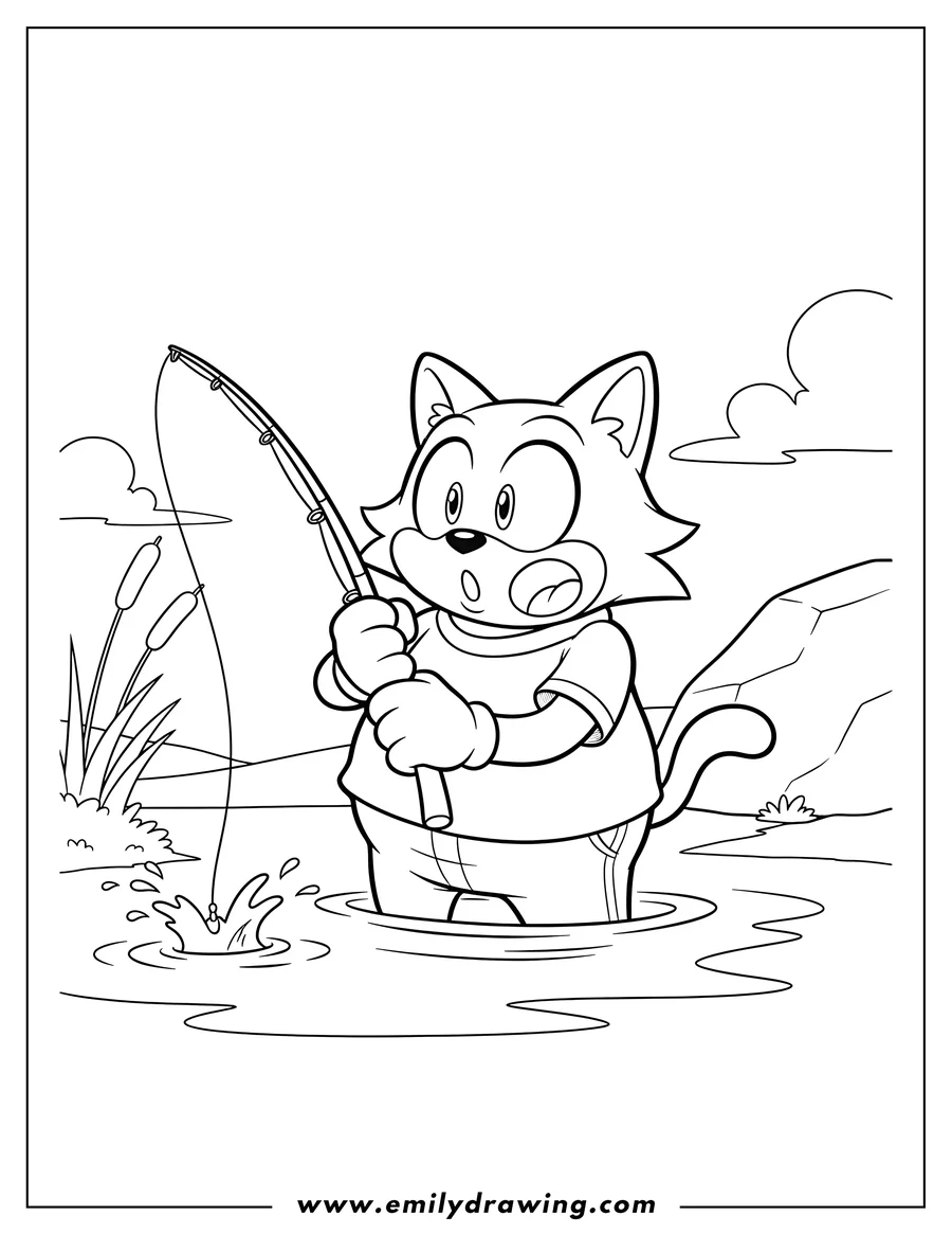 Coloring page for kids: big the Cat looking over water, holding a fishing rod, with a surprised expression