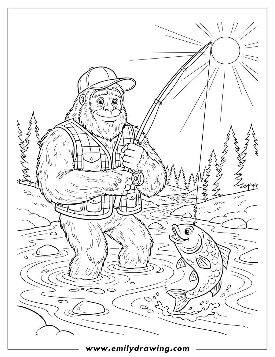 High quality printable bigfoot Fishing With Rod River, smiling and with a caught fish on the line for coloring