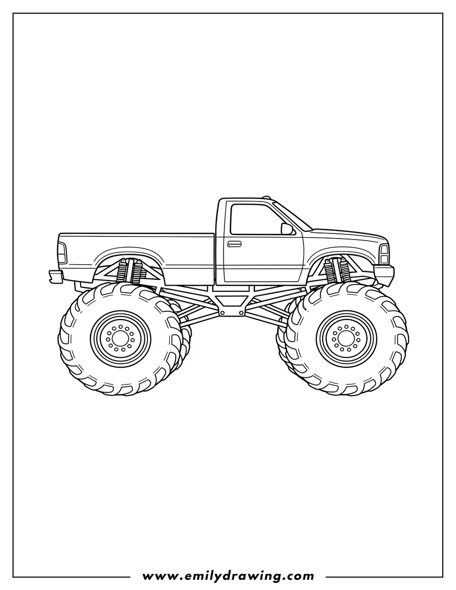 PDF style coloring page: bigfoot Monster Truck With Massive Tires To Color 1 Scaled, pickup truck, side profile