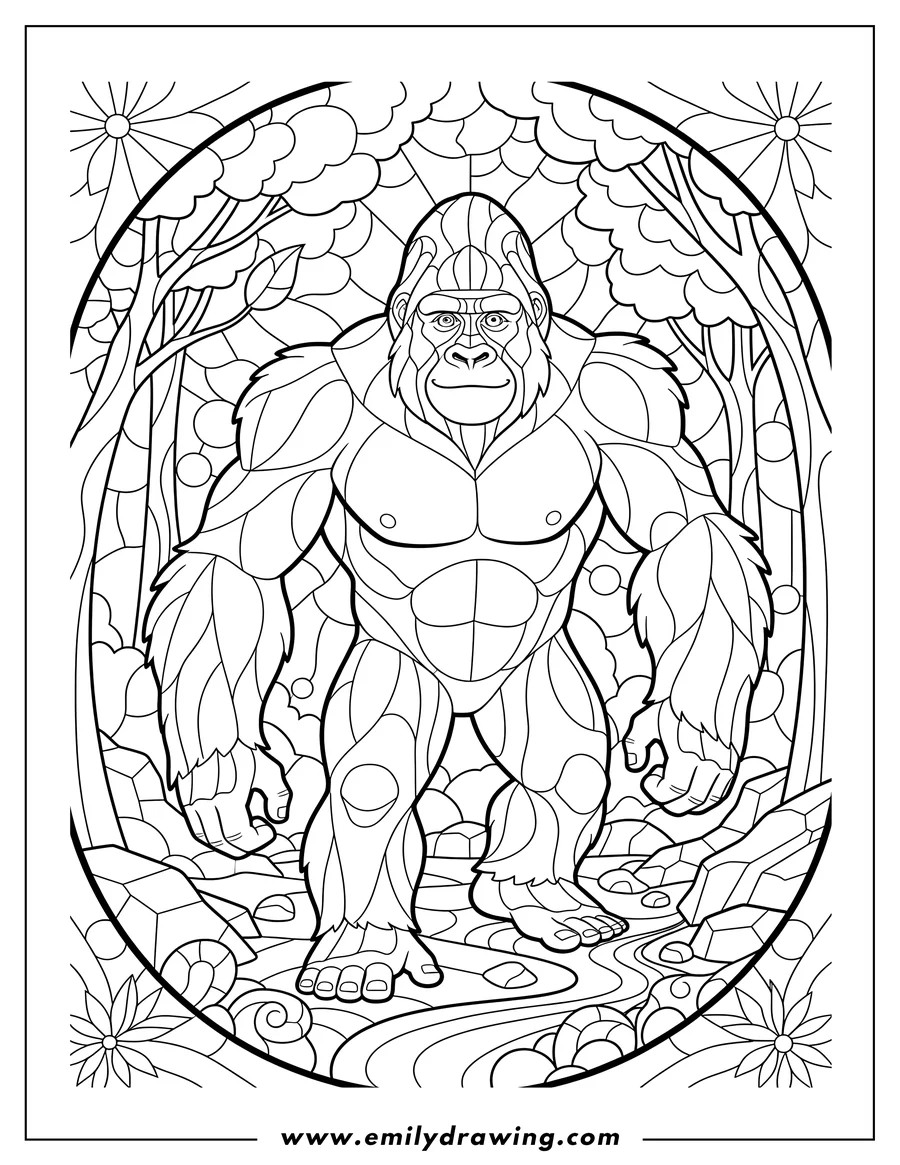 Outline drawing of bigfoot, gorilla-like, striding through a forest, looking forward, stained glass coloring page