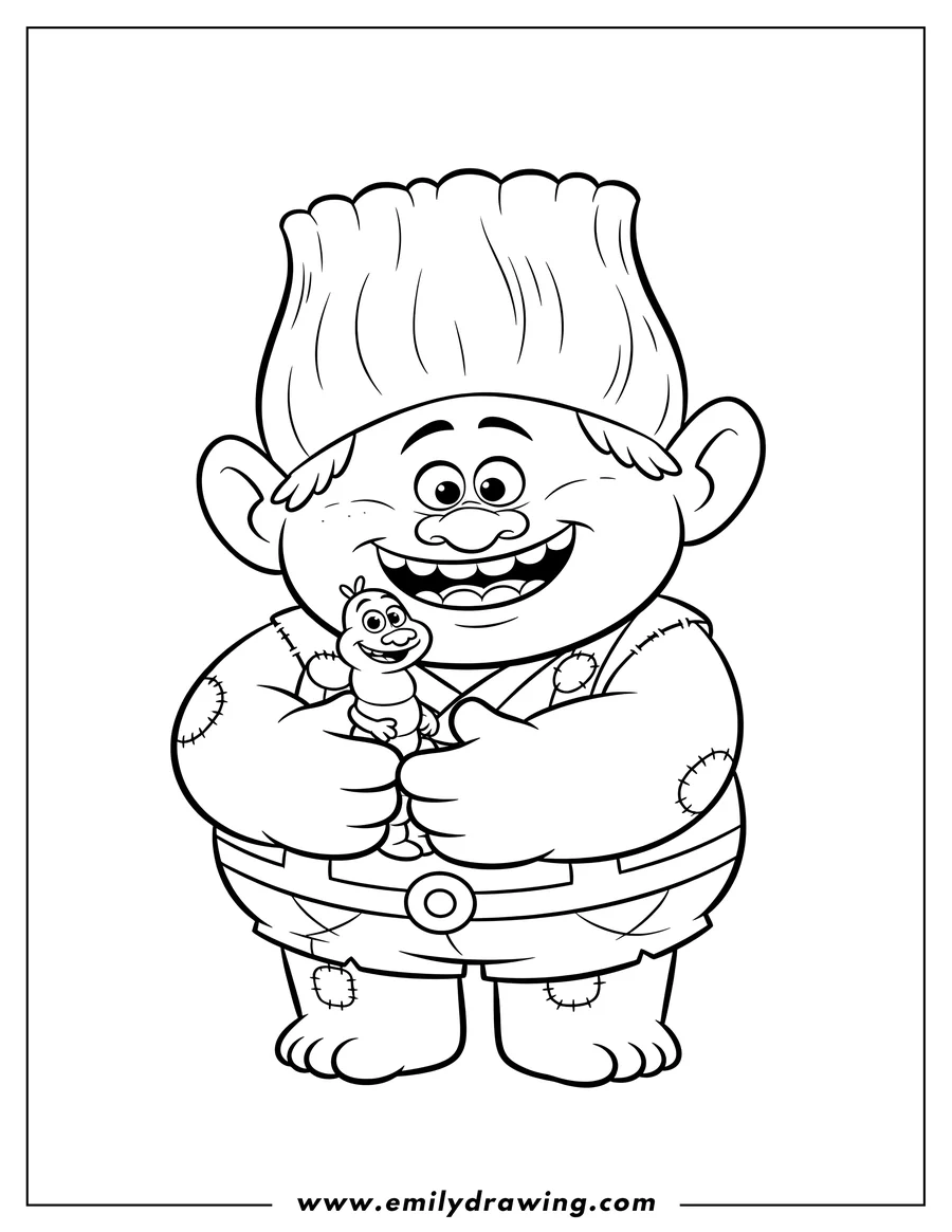 PDF style coloring page: biggie Troll smiling and holding Mr. Dinkles in his arms to color