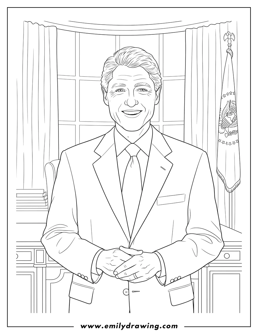 Coloring page of president Bill Clinton smiling in a suit and tie