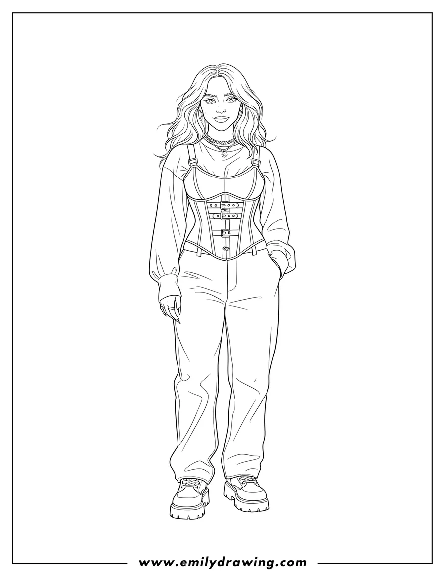 Outline drawing of billie Eilish wearing a buckled corset, standing and looking forward, with wavy hair