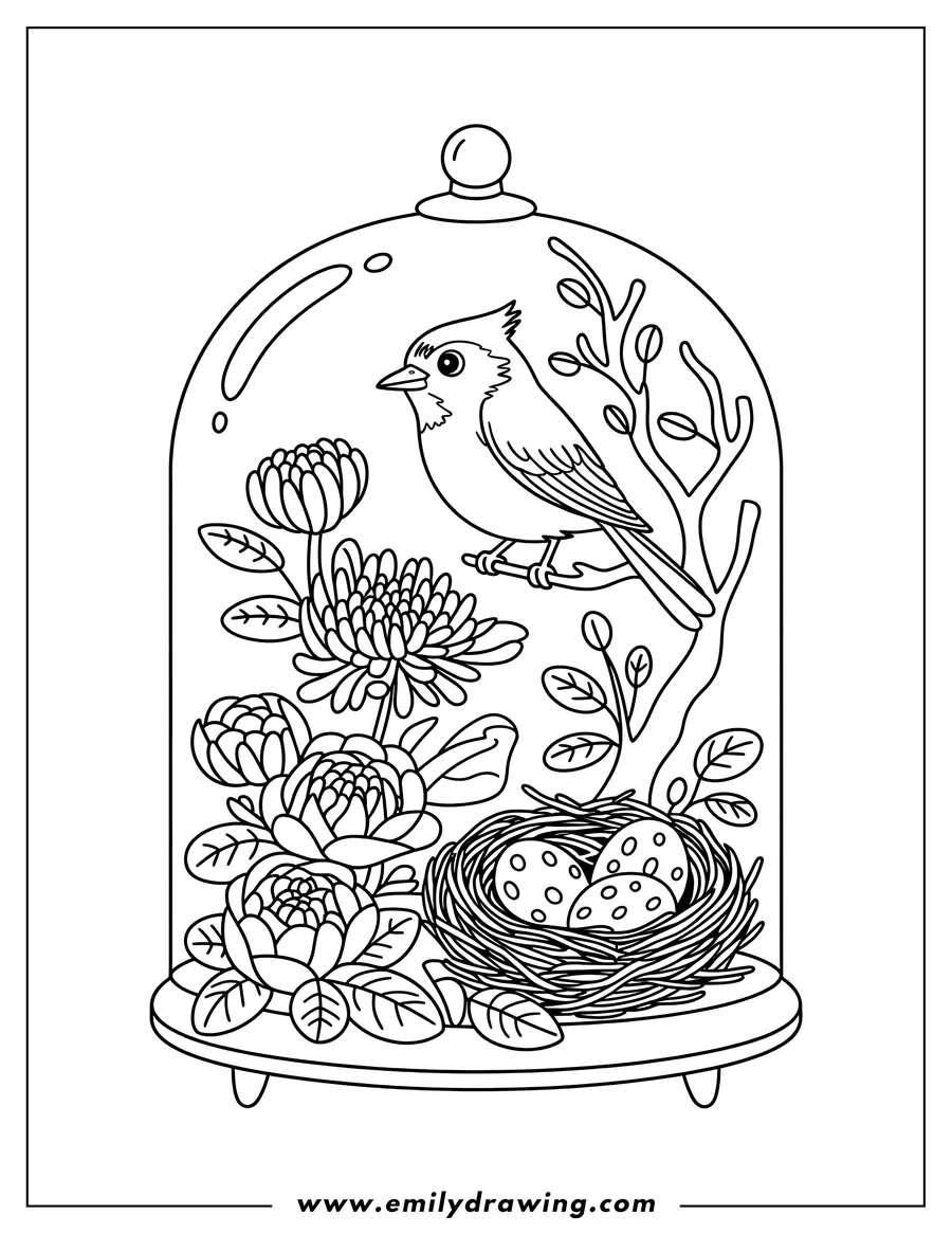 Line art of a bird perched on a branch inside a glass terrarium, surrounded by flowers and a nest with three speckled eggs.