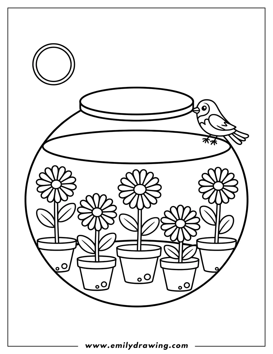 Outline of a cute bird perched on a round terrarium filled with five potted daisy-like flowers.
