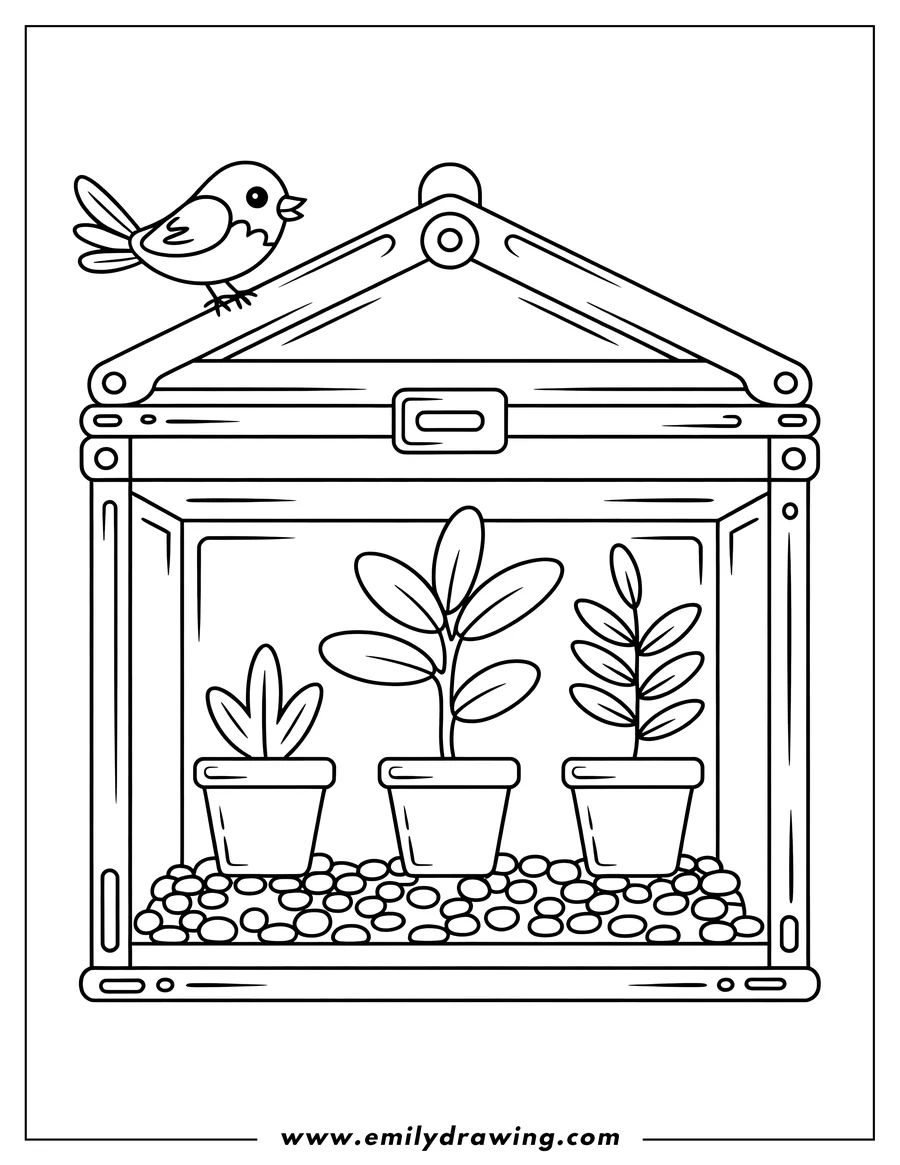 Line art of a small bird perched on a terrarium that contains three potted plants and decorative pebbles at the base.