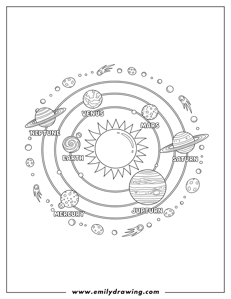 Clean line drawing: birds Eye View Solar System Scaled, with labeled planets in concentric orbits around the Sun