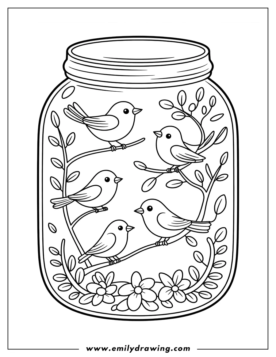 Line art of several small birds perched on branches inside a glass jar, with flowers at the bottom, resembling a terrarium.