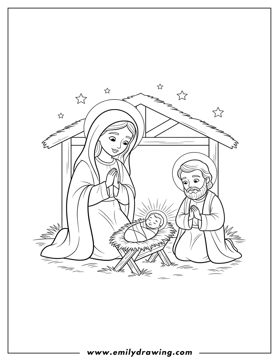 Full page coloring image of birth Jesus With Virgin Mary Scaled, with Joseph, all looking at baby Jesus in a manger