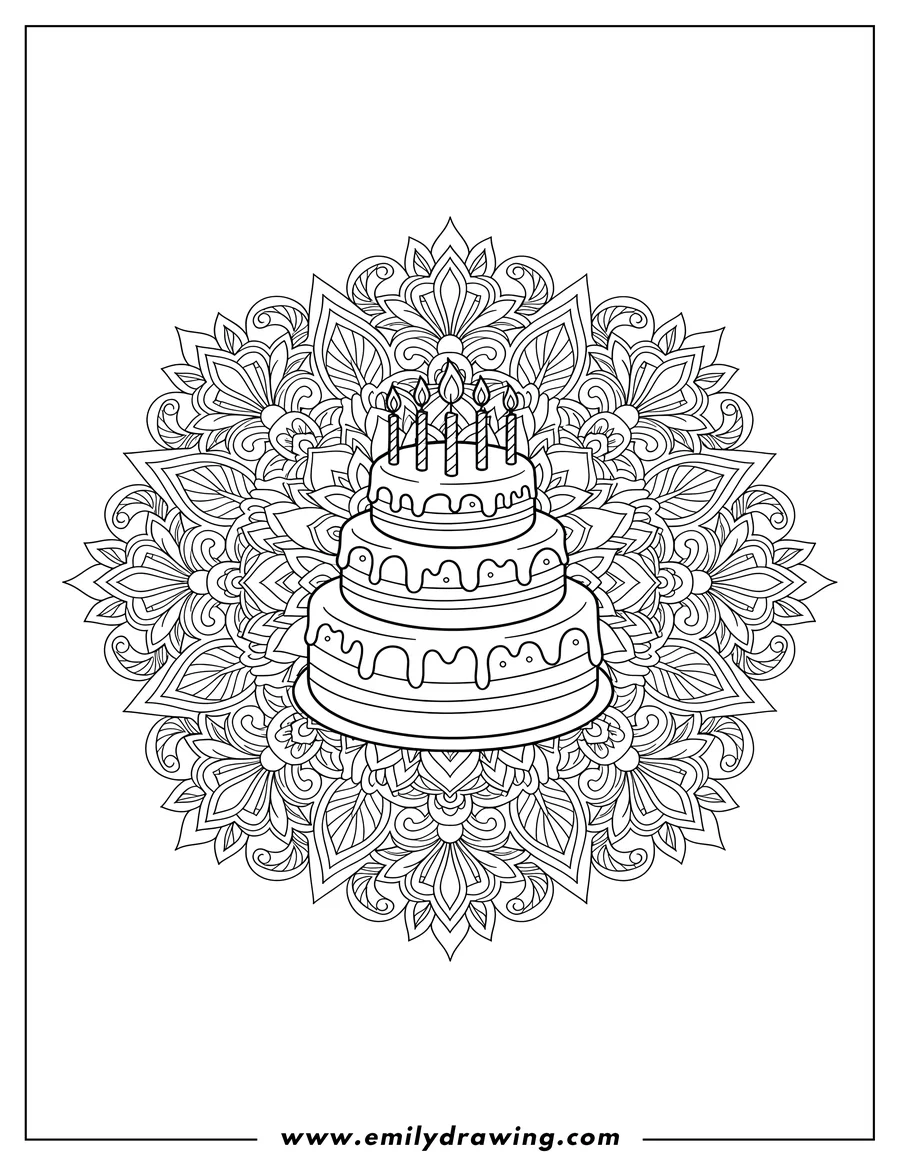 Downloadable coloring page of birthday Cake with 7 Candles and Drizzled Icing Inside Floral Mandala