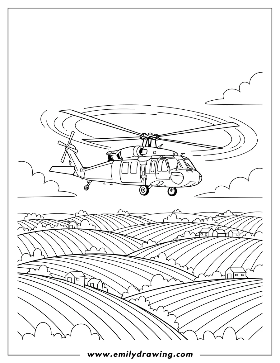 Free to print drawing of A Black Hawk helicopter flying above fields