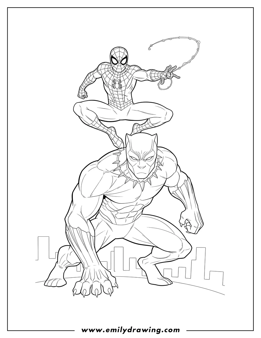 Coloring page of black Panther And Spider Man Scaled, with Spider-Man leaping dynamically over Black Panther's head