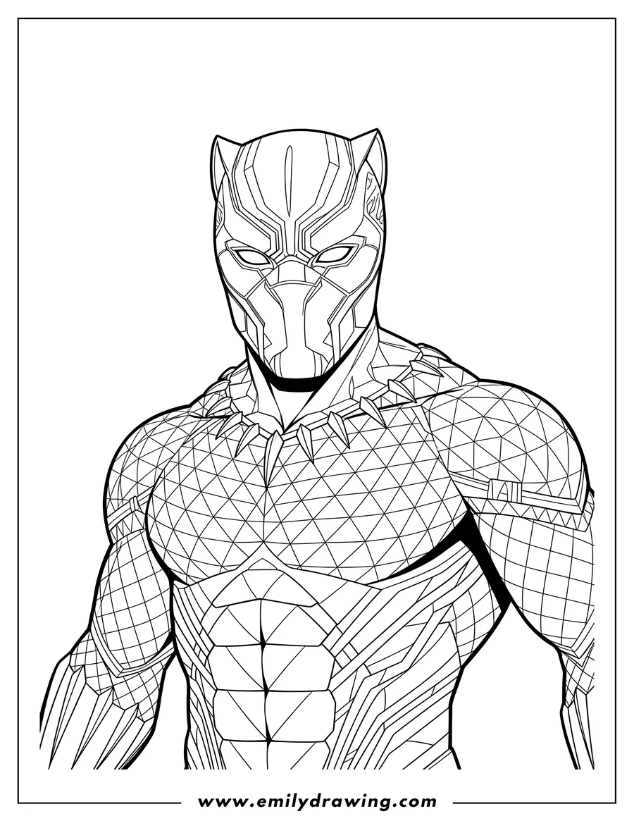 Free to print drawing of black Panther close-up wearing mask, scaled suit, and spiked collar