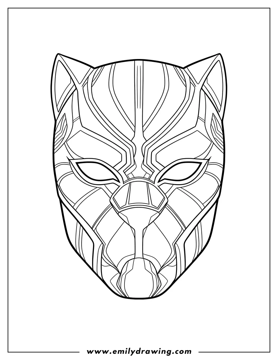 PDF style coloring page: black Panther Mask Scaled, line art, front view, with cat ears
