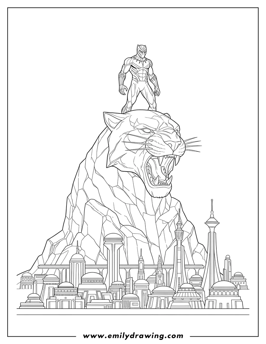 Doodle style coloring picture of black Panther standing on a giant panther head rock, looking down at the city of Wakanda