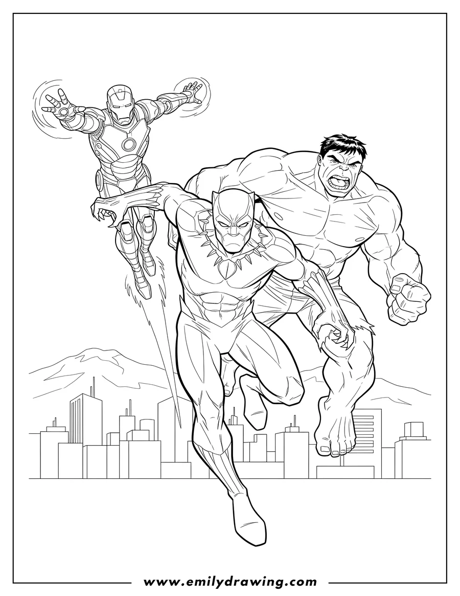 Downloadable coloring page of black Panther With Avengers Scaled, leaping with Iron Man flying and Hulk roaring