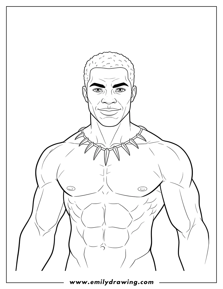Black and white line art of black Panther with mask off, shirtless, and wearing a claw necklace