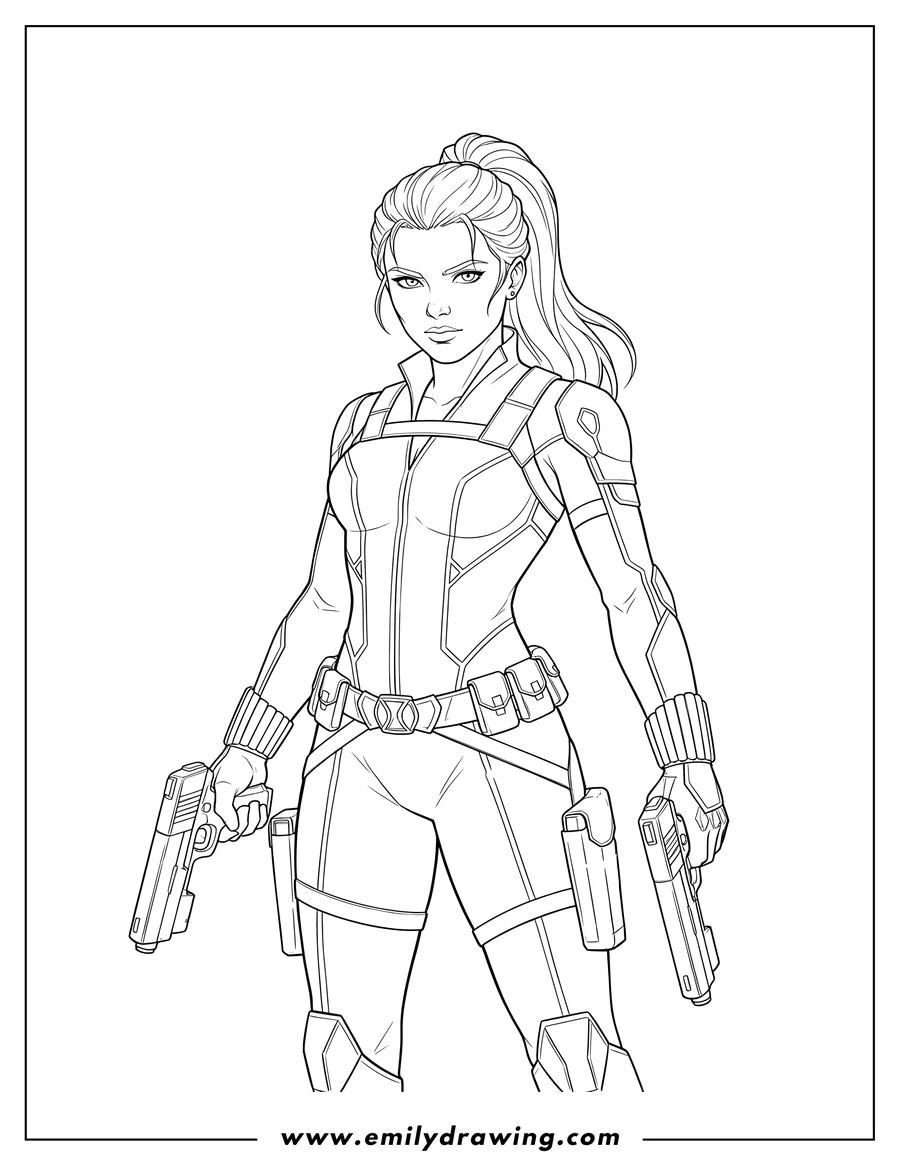 Full page coloring image of black Widow From Avengers standing and holding two guns