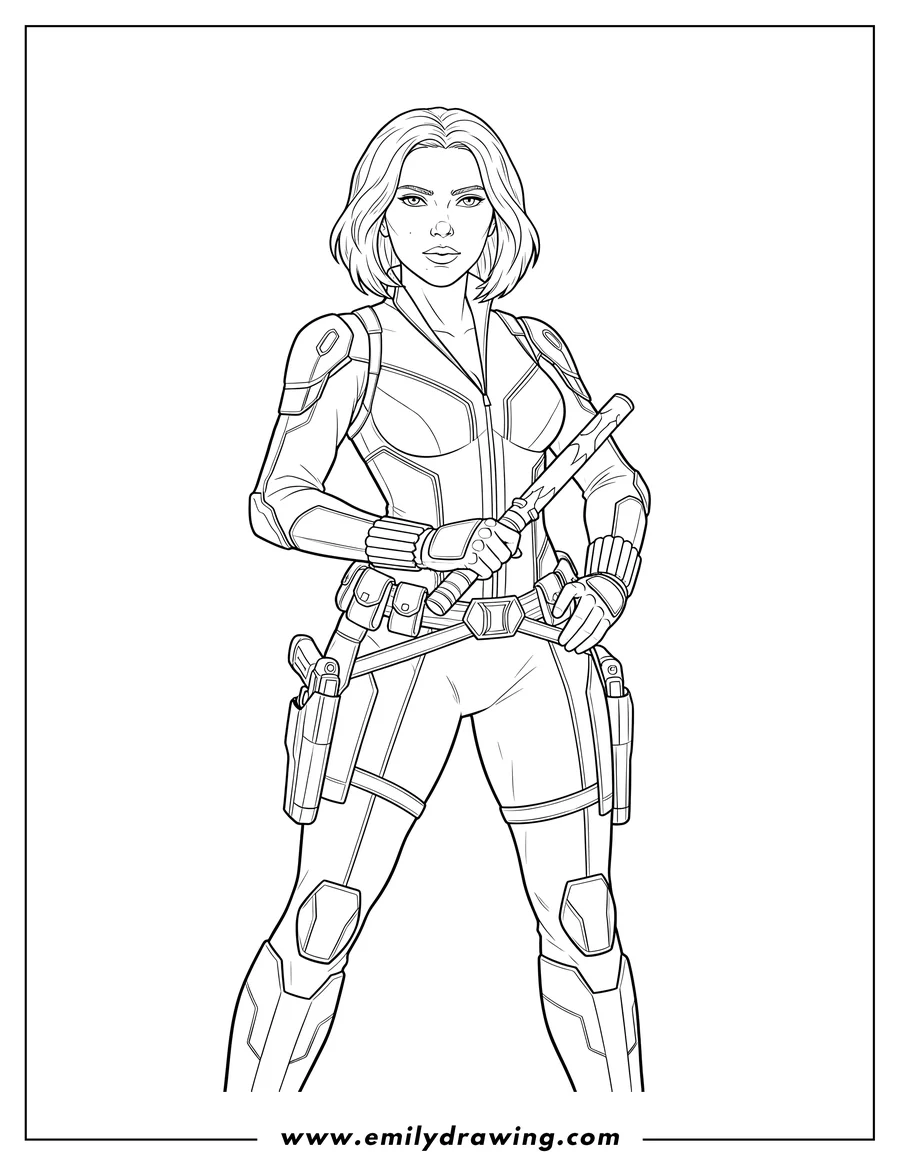 Full page coloring image of scarlet Johansson Black Widow standing in her tactical suit with weapons