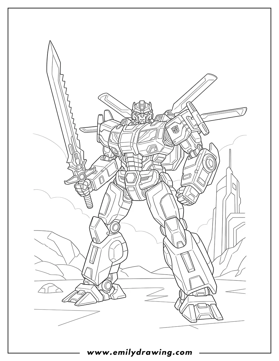 Coloring page for kids: transformers Blackout standing and holding a sword
