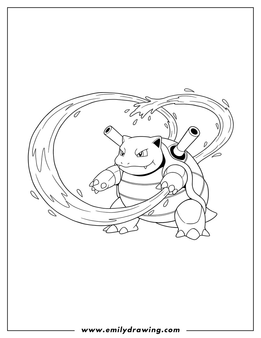 Doodle style coloring picture of [Scene]: Blastoise from video games, firing water from its cannons