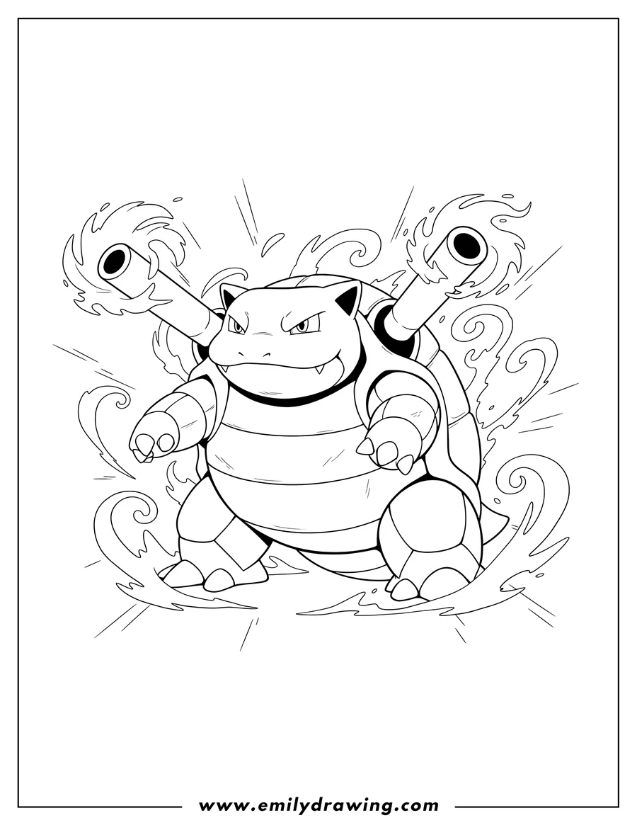Coloring sheet featuring blastoise Rare Pokemon Card To Color, standing with energy bursts