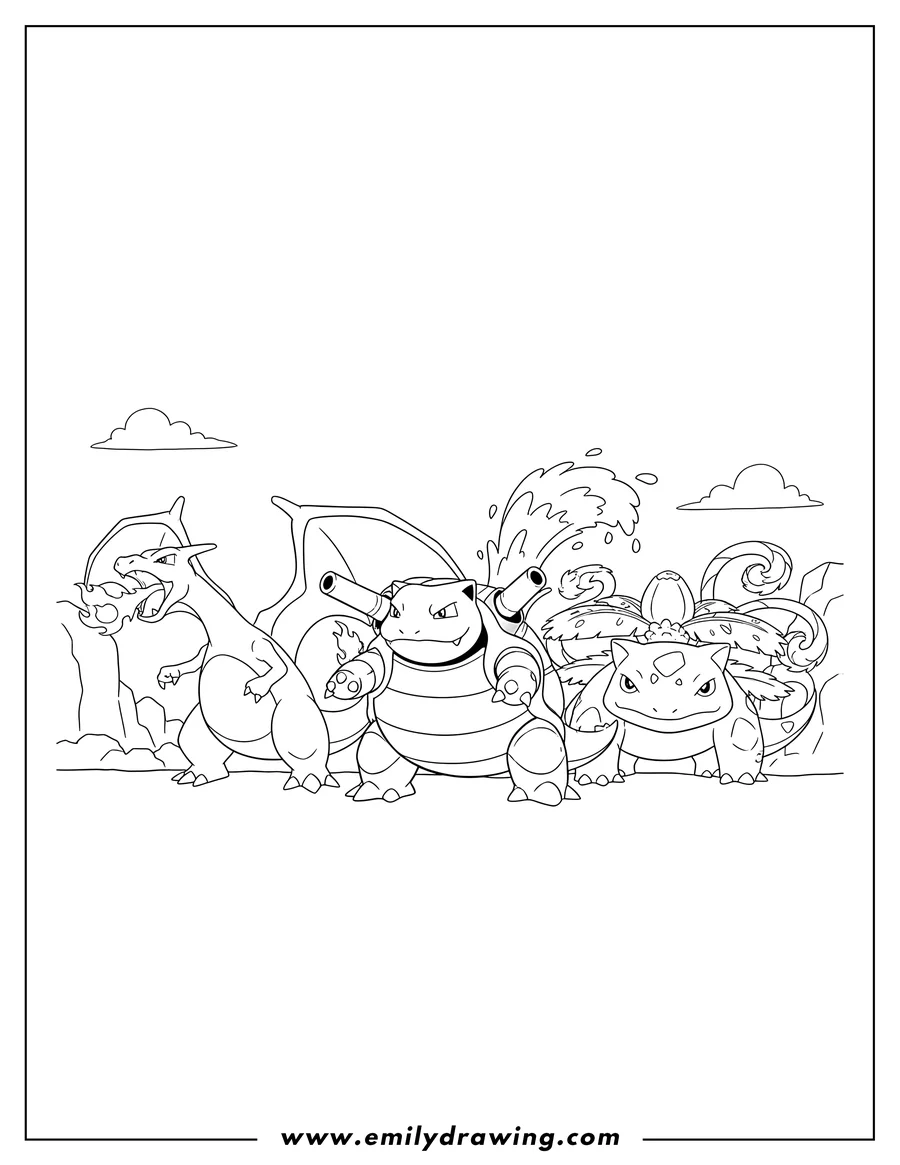 Doodle style coloring picture of blastoise, roaring Charizard, and Venusaur