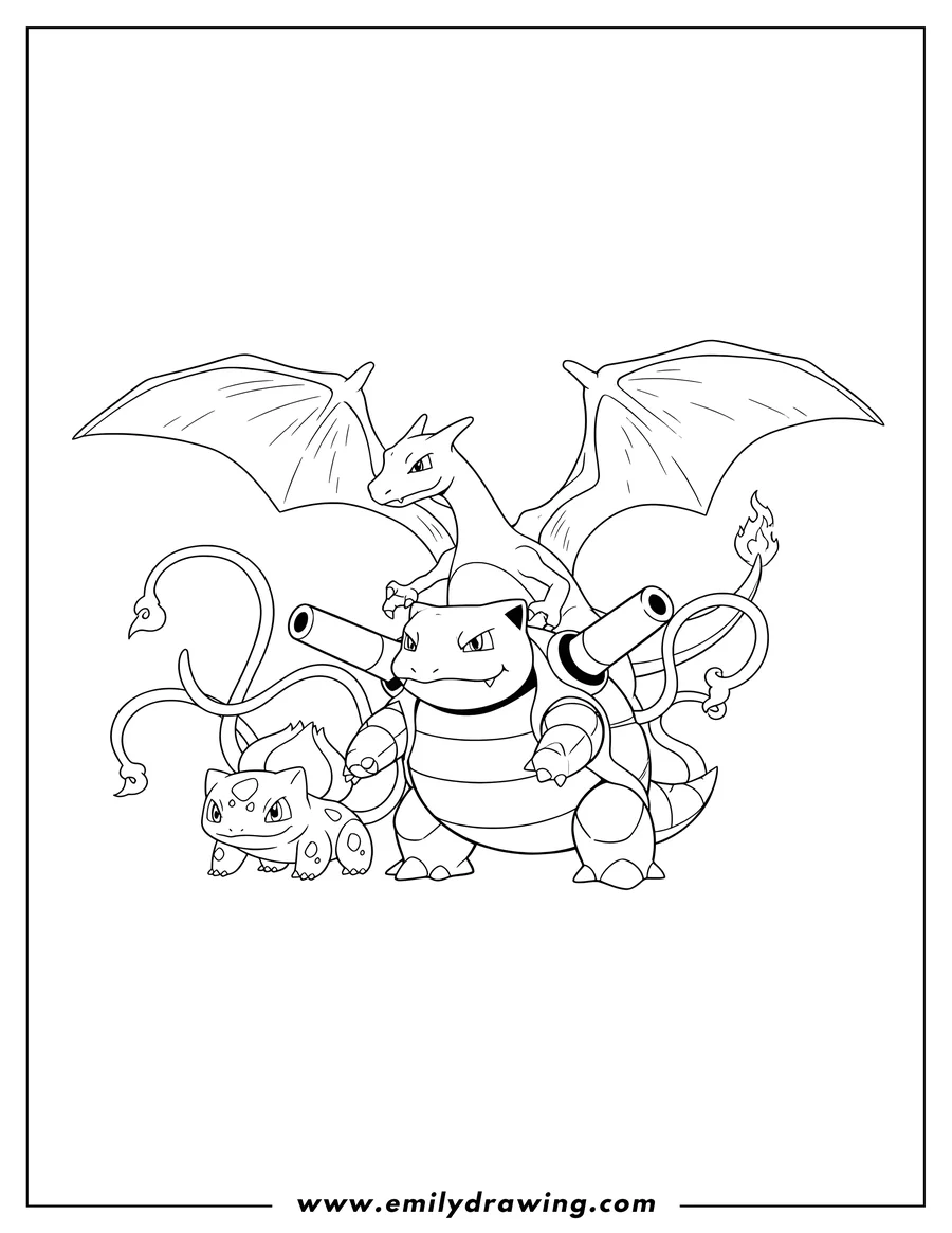 Clean line drawing: blastoise with Charizard with spread wings and Bulbasaur with extended vines