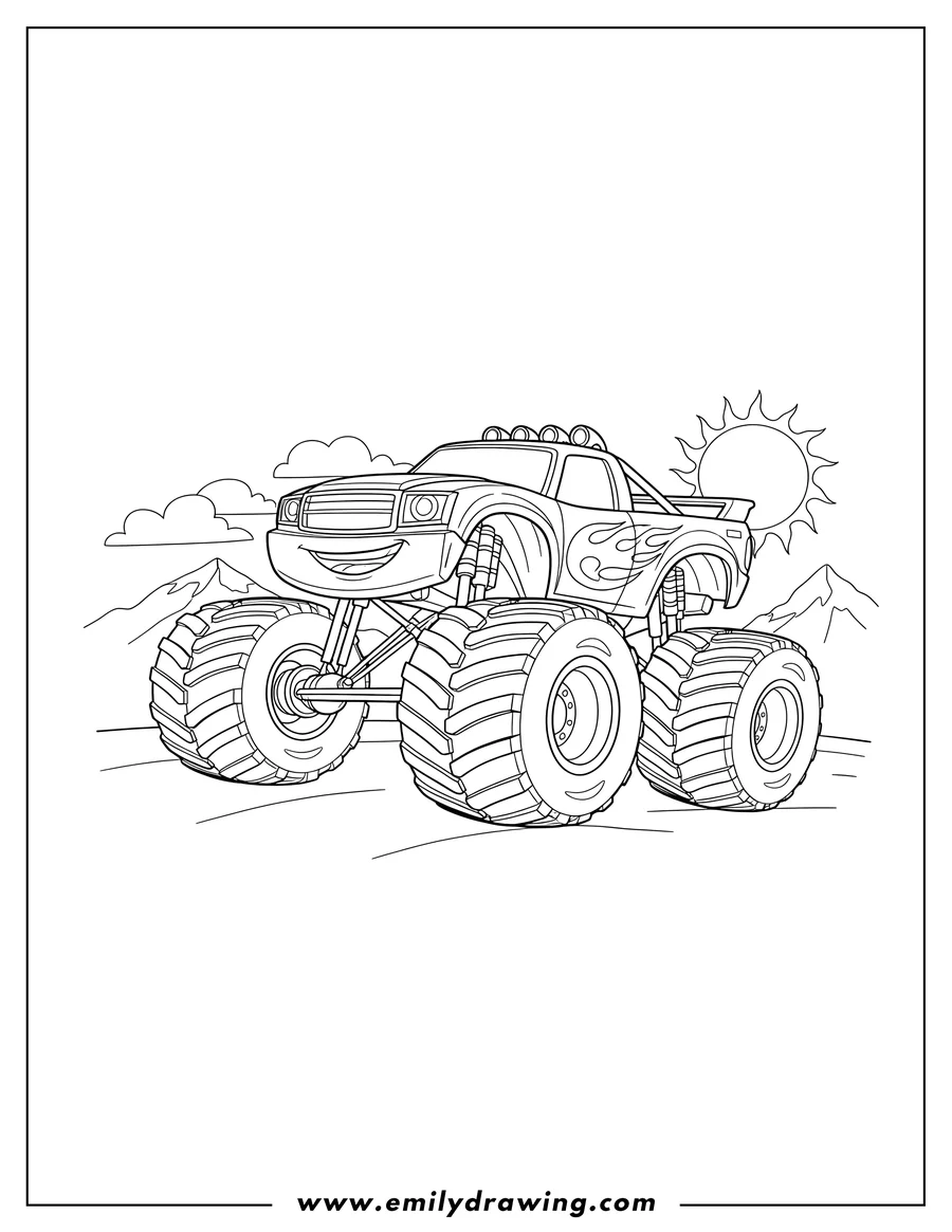 Linear illustration of blaze monster truck doing a wheelie and smiling
