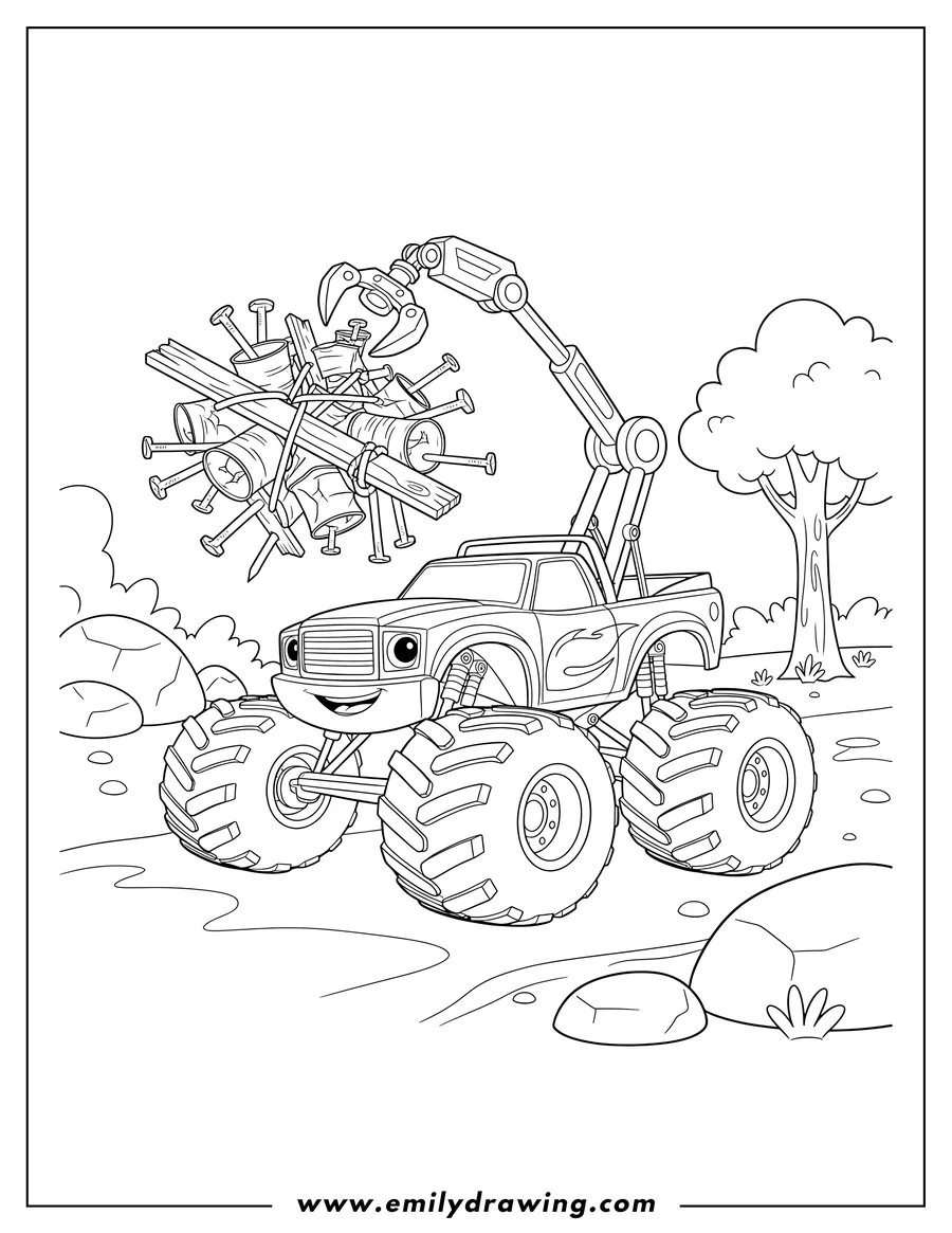 Simple sketch of blaze removing a trap of nails and cans to color