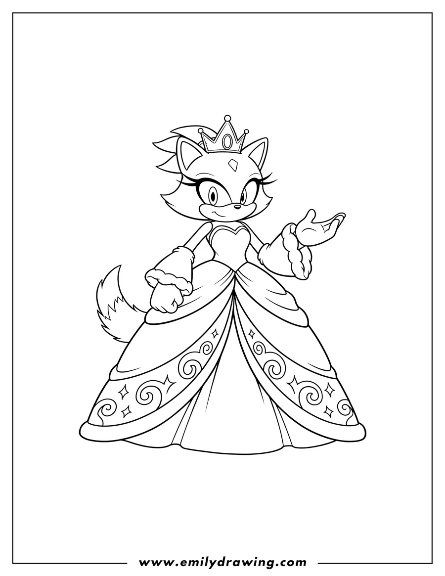 Vector style outline of blaze Cat wearing a gown with fluffy cuffs, one hand clenched, the other open