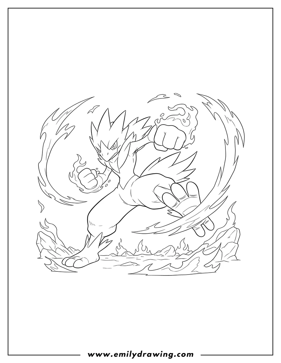 Outline drawing of blaziken in a dynamic pose with flames