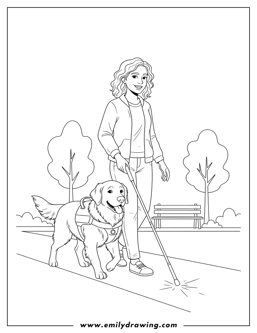 Free to print drawing of blind Woman holding a white cane, walking with her guide dog wearing a harness to color