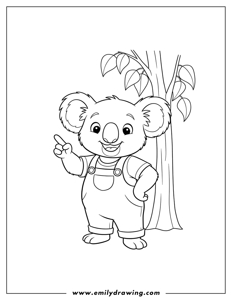 High quality printable blinky Bill Koala in overalls, smiling and pointing a finger for coloring