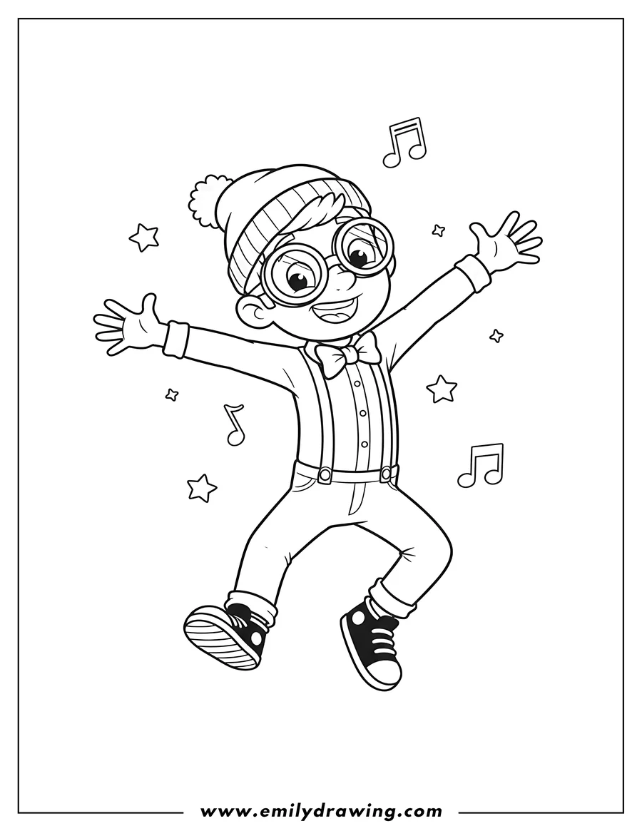 Linear illustration of blippi Tv, Blippi wearing his hat and glasses, dancing