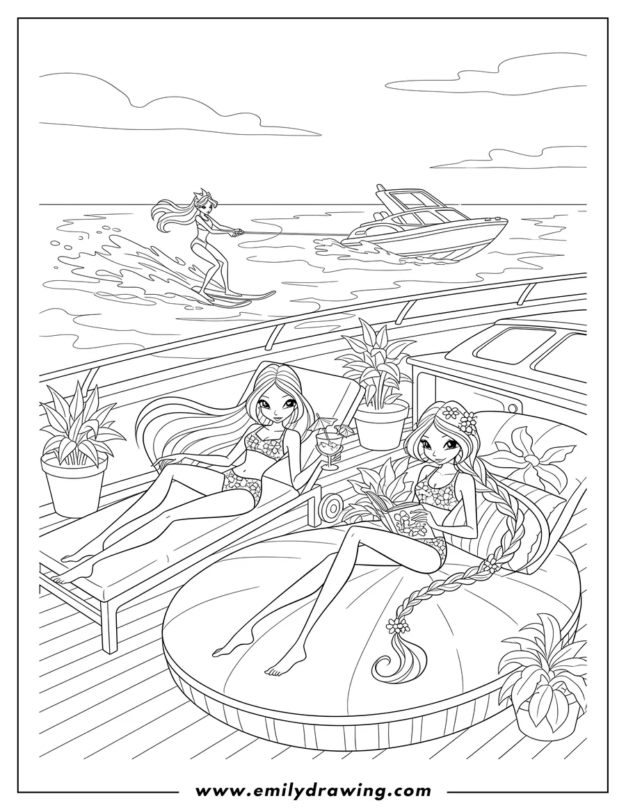 Free printable coloring sheet of bloom and Flora relaxing on a yacht, while Stella water skis