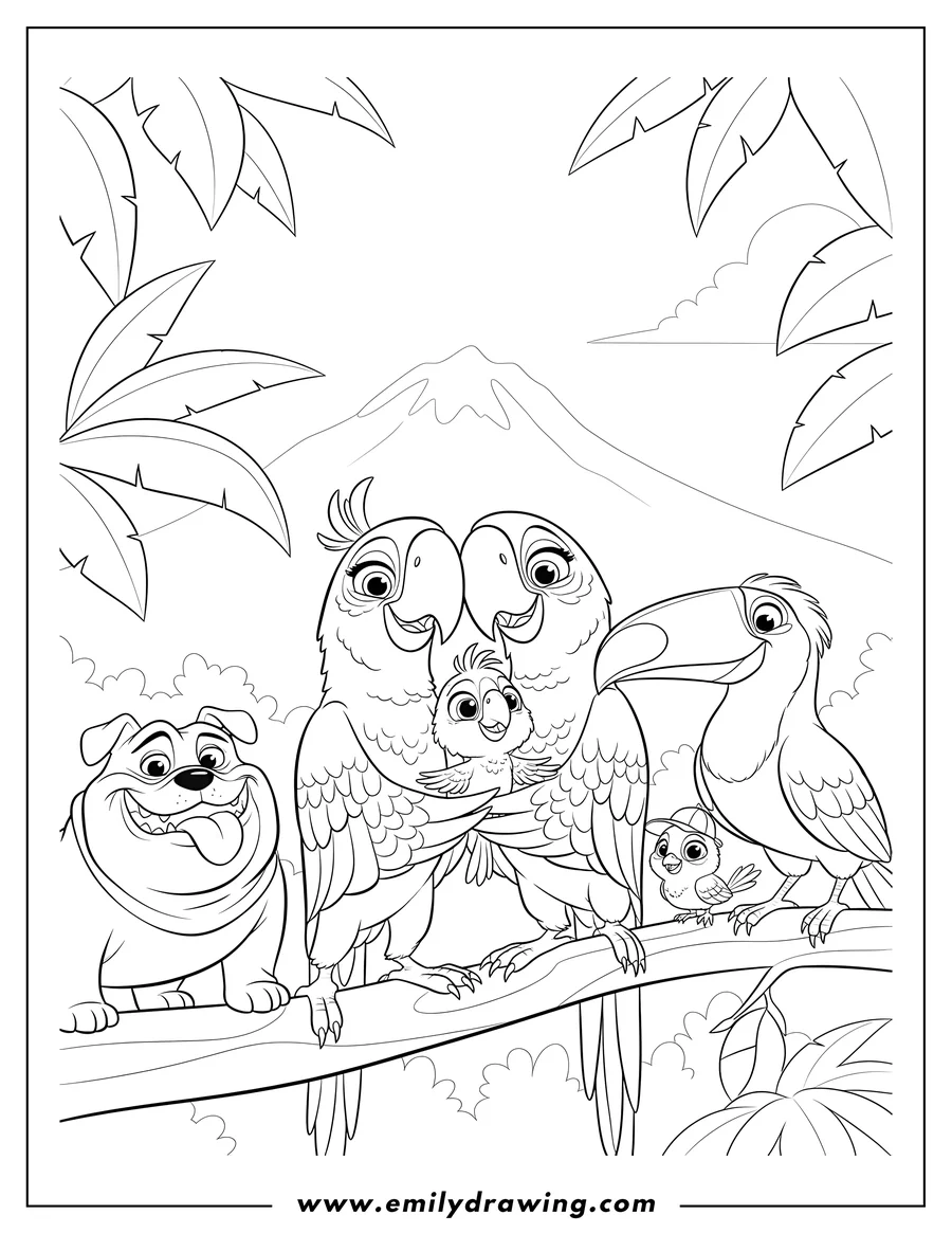 Coloring page for kids: blu and Jewel holding a baby bird, with Luiz, Rafael, and Nico