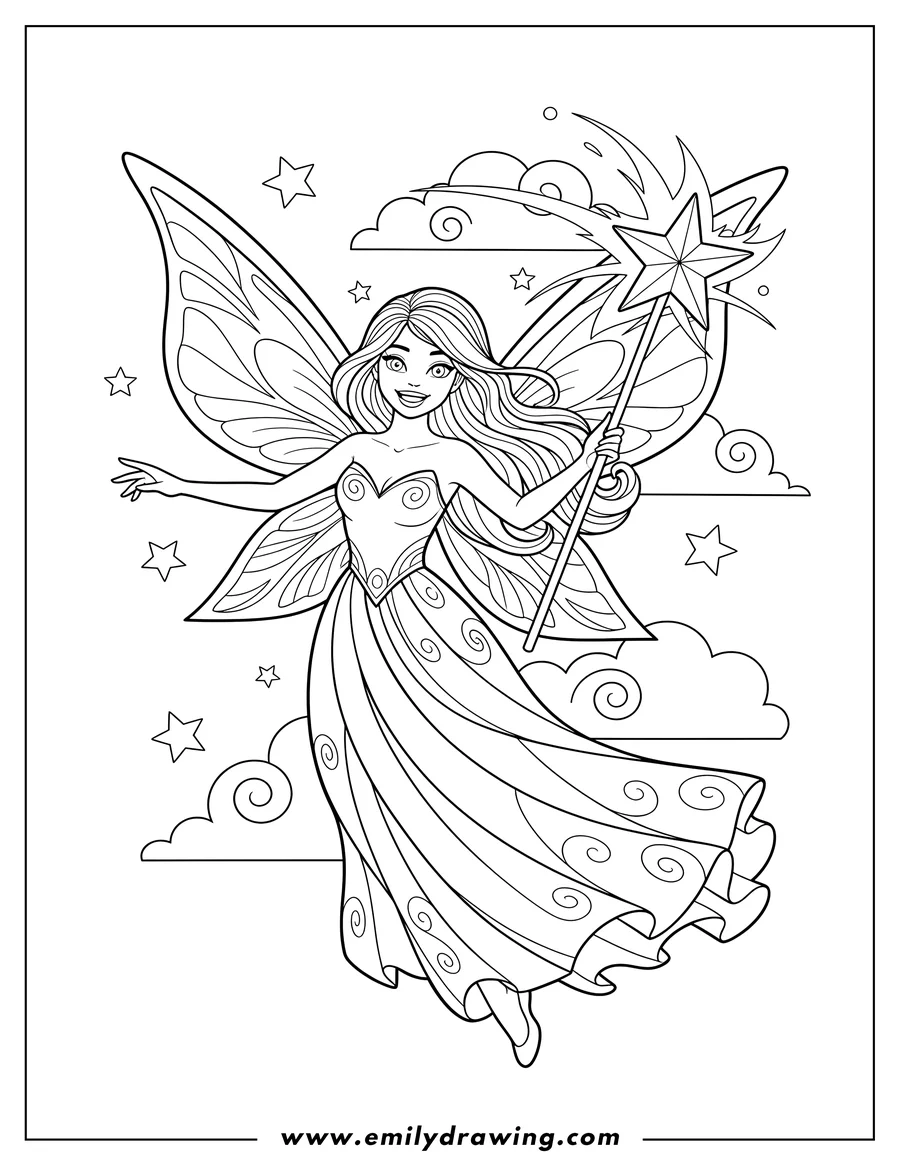 Full page coloring image of blue Fairy with wings, smiling, and holding her star-tipped magic wand