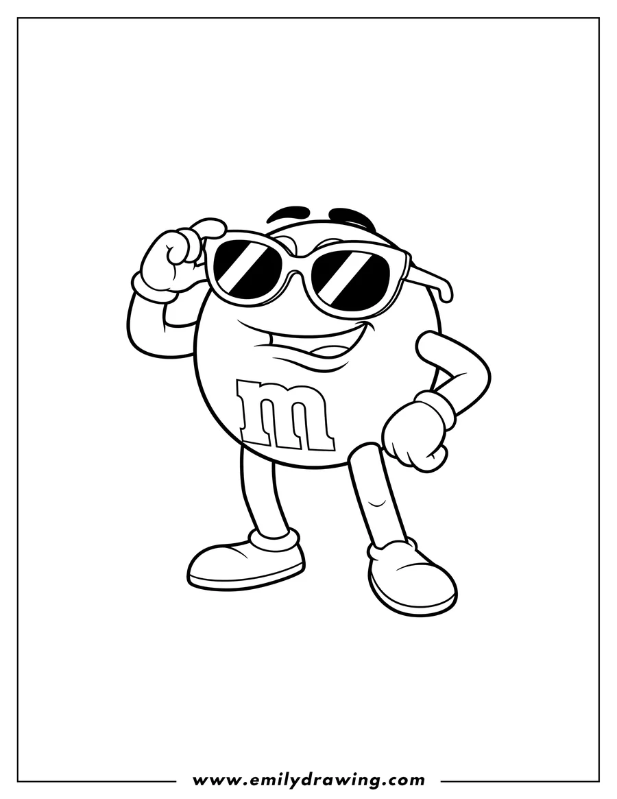 Simple sketch of blue Mm Wearing Sunglasses, adjusting them with one hand and striking a confident pose to color