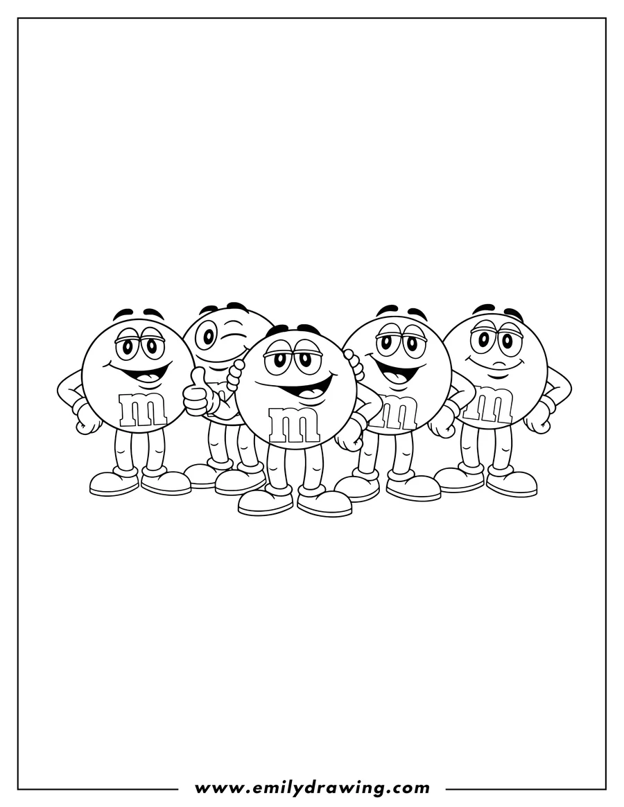 Free printable coloring sheet of blue Red Brown Green Yellow And Orange Mms standing together, smiling, and one giving a thumbs up