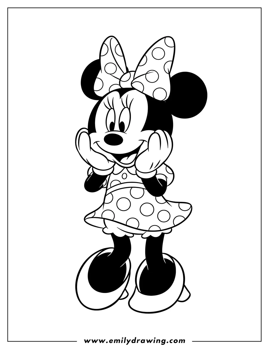 Printable coloring page of blushing Minnie Mouse smiling with hands on cheeks and wearing polka dots
