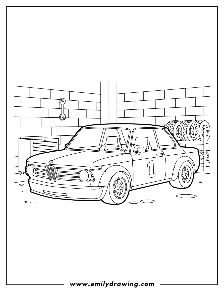 Printable line art of bmw 2002Tii race car with number 1 in a garage