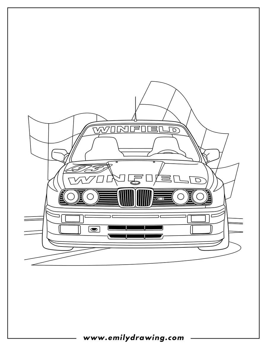 PDF style coloring page: BMW E30 M3 race car, front view, with WINFIELD text on the hood and racing number 93