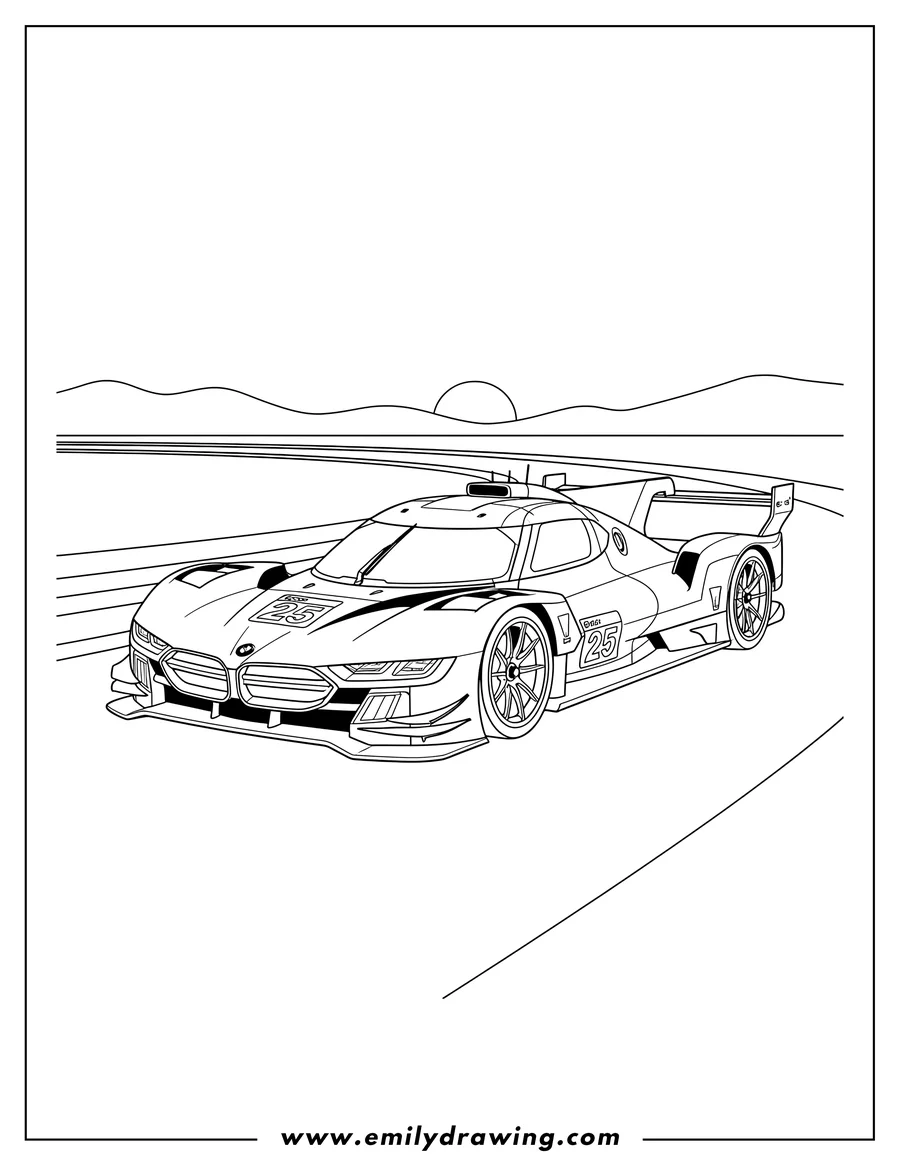 Simple sketch of bmw Hybrid V8 Gtp racing car with number 25 on a curved track to color