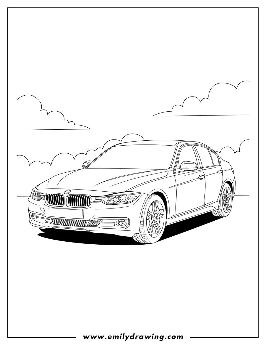 Full page coloring image of bmw Series 3 Berline, front-3/4 view, with a license plate and a cloudy background