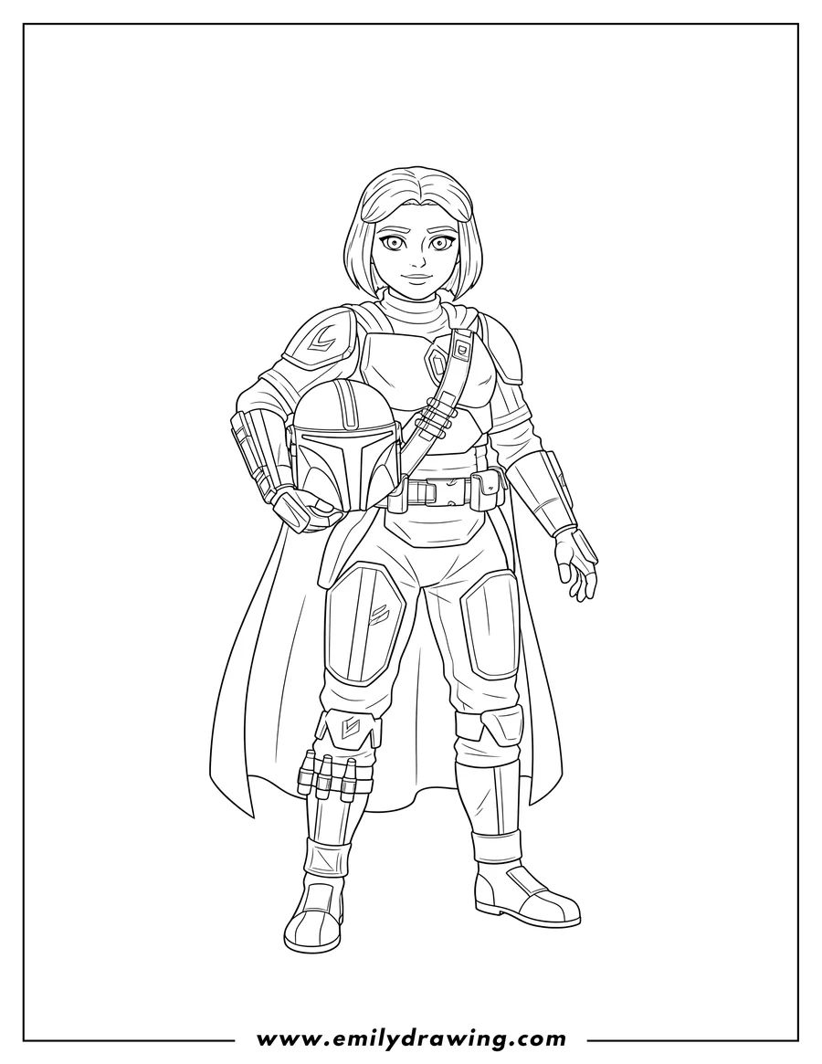 Full page coloring image of bo Katan Kryze standing in her armor and holding her helmet