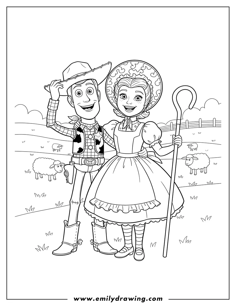 Simple sketch of pretty Bo Peep holding her staff with Woody, his arm around her to color