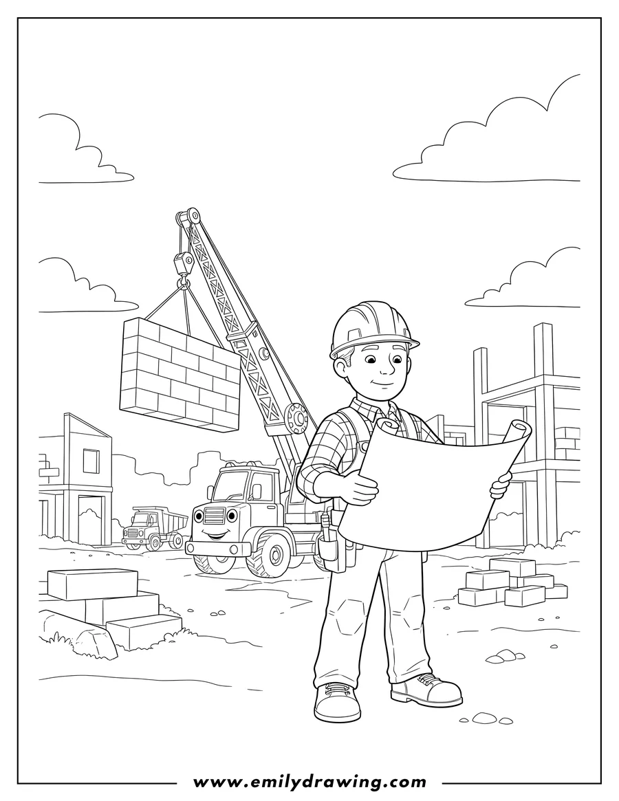 Coloring sheet featuring bob the Builder looking at plans, with Lofty the crane lifting on a construction site